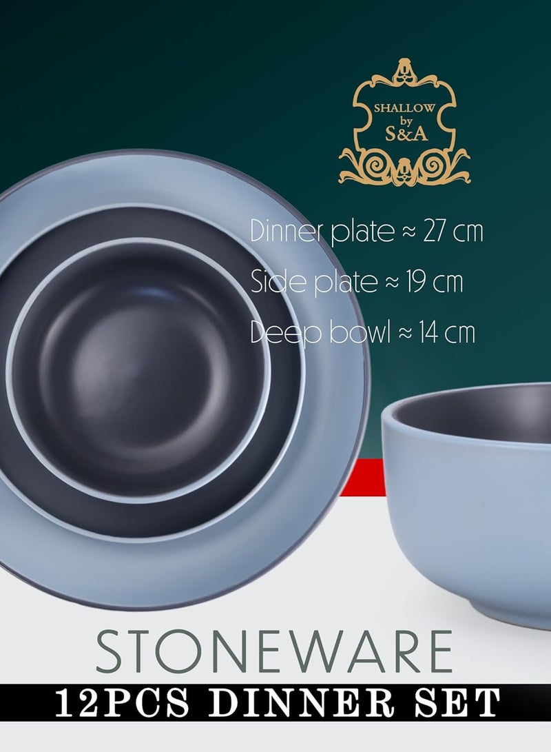 Shallow طقم عشاء نوردك ضحل مكون من 12 قطعة باللون الأزرق الأنيق | 4 أطباق عشاء 10.5 بوصة، 4 أطباق جانبية 7.5 بوصة و 4 سلطانيات عميقة 5.5 بوصة - Image 4